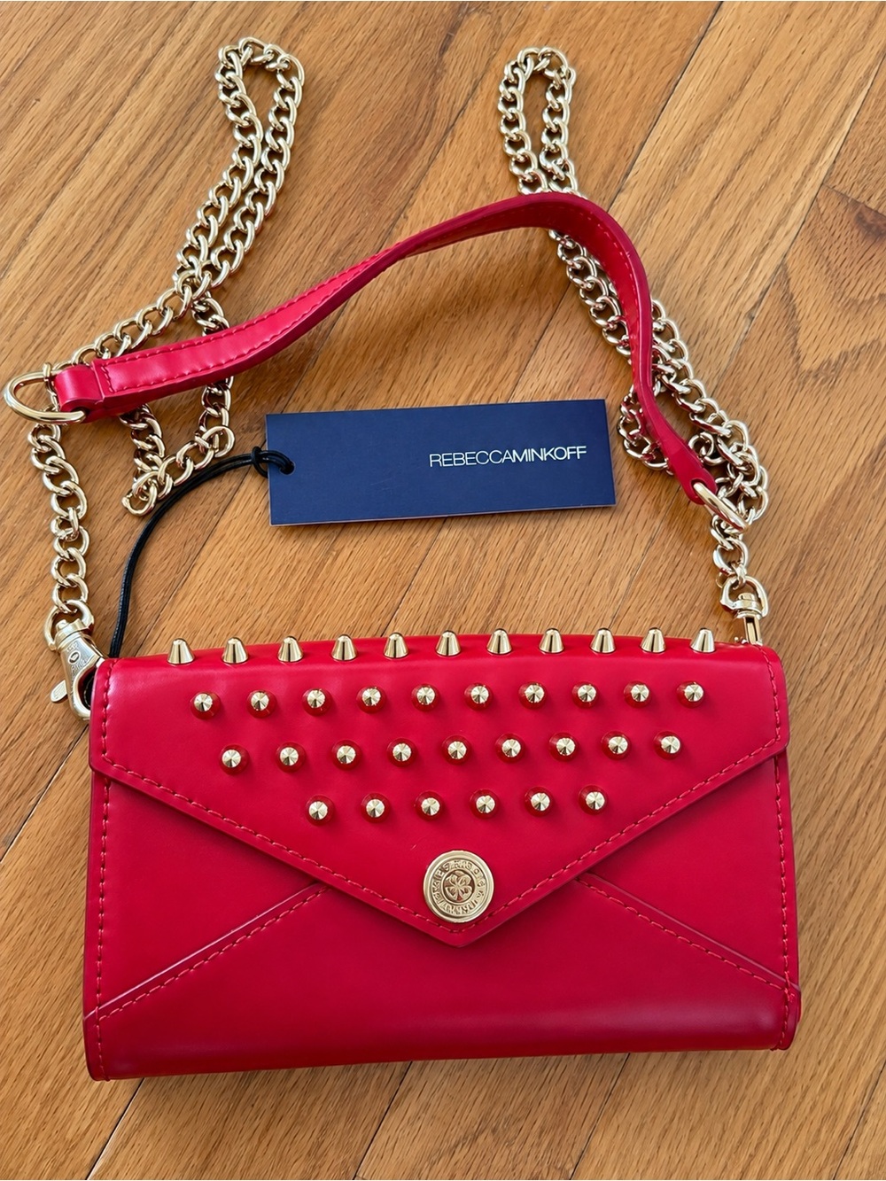 Rebecca Minkoff Red Studded Leather Crossbody Wallet with Gold Chain New w/ Tags